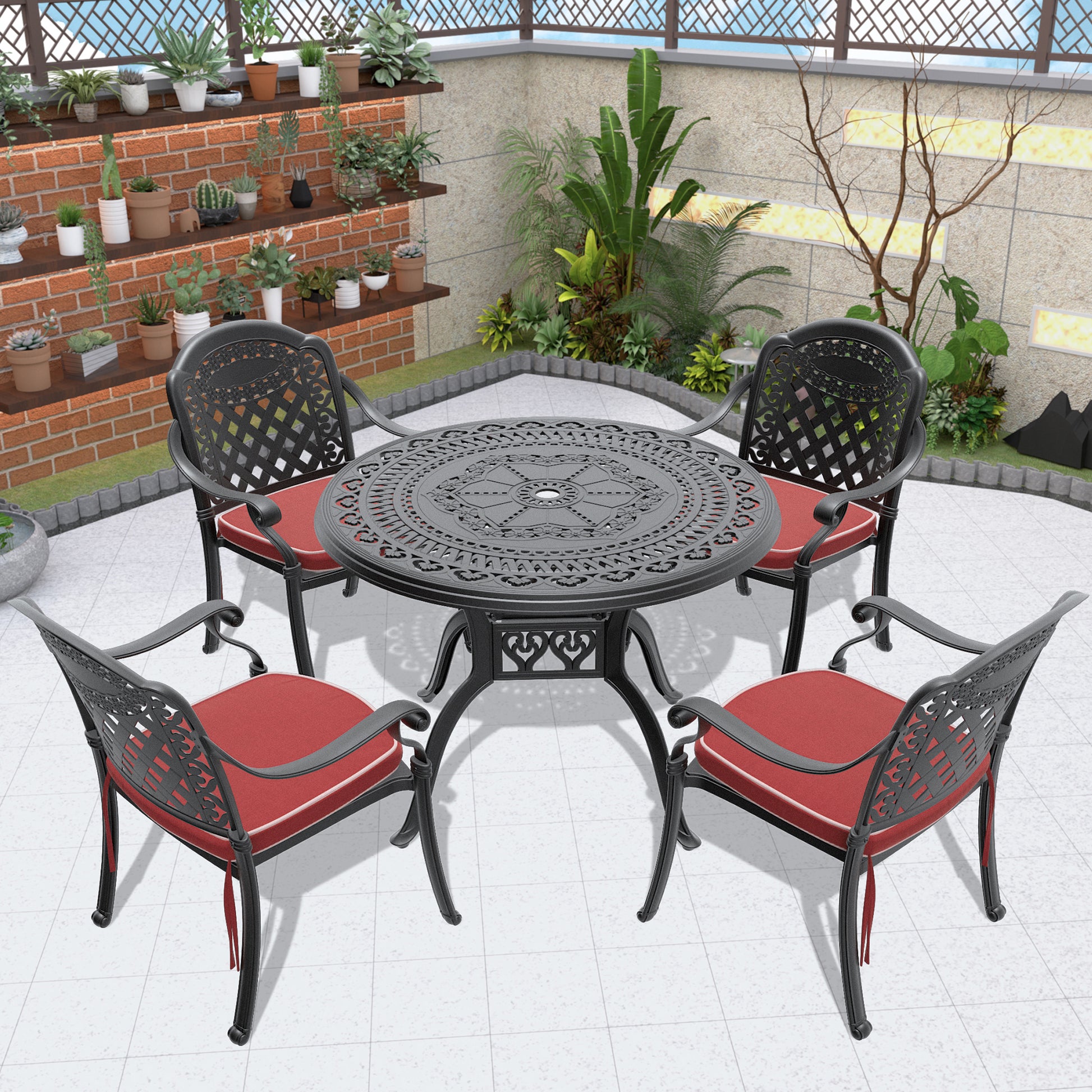 Cushions In Random Colors 5 Piece Set Of Cast Aluminum Patio Furniture With Cushions Yes Dining Set Black Seats 4 Rust Resistant Frame Water Resistant Cushion Garden & Outdoor Complete Patio Sets Aluminium