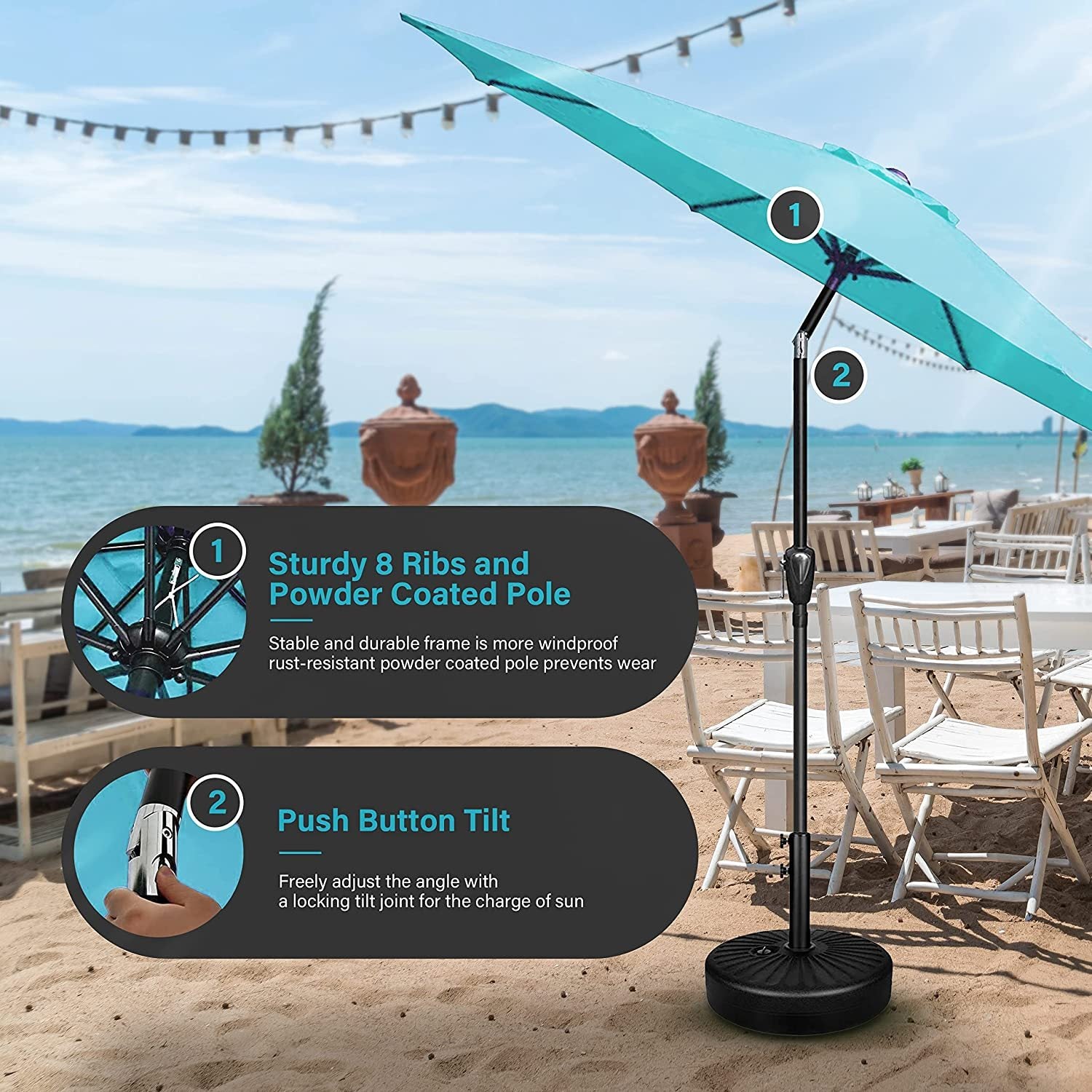Simple Deluxe 9' Patio Umbrella Outdoor Table Market Yard Umbrella With Push Button Tilt Crank, 8 Sturdy Ribs For Garden, Deck, Backyard, Pool, Turquoise Turquoise Stainless Steel