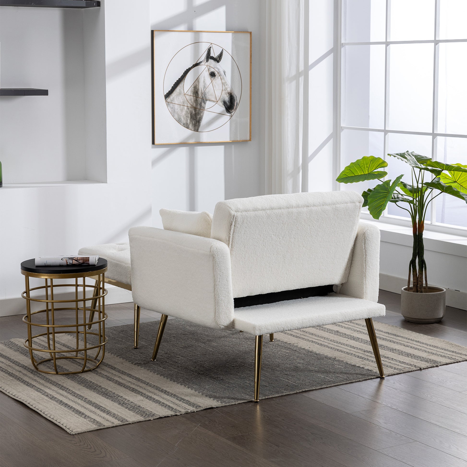 36.61'' Wide Modern Accent Chair With 3 Positions Adjustable Backrest, Tufted Chaise Lounge Chair, Single Recliner Armchair With Ottoman And Gold Legs For Living Room, Bedroom Ivory Ivory Foam Sherpa