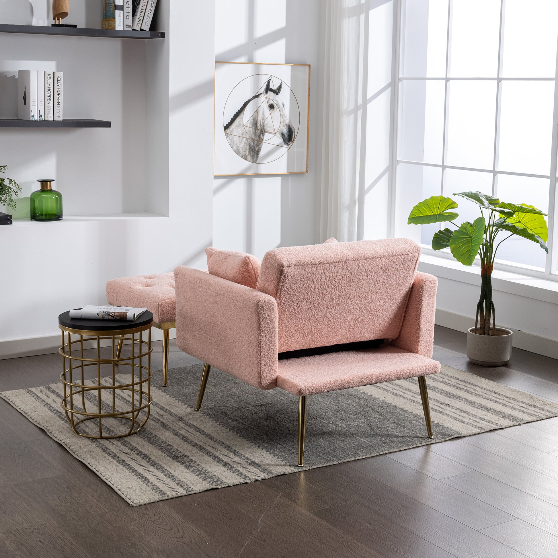 36.61'' Wide Modern Accent Chair With 3 Positions Adjustable Backrest, Tufted Chaise Lounge Chair, Single Recliner Armchair With Ottoman And Gold Legs For Living Room, Bedroom Pink Pink Foam Sherpa