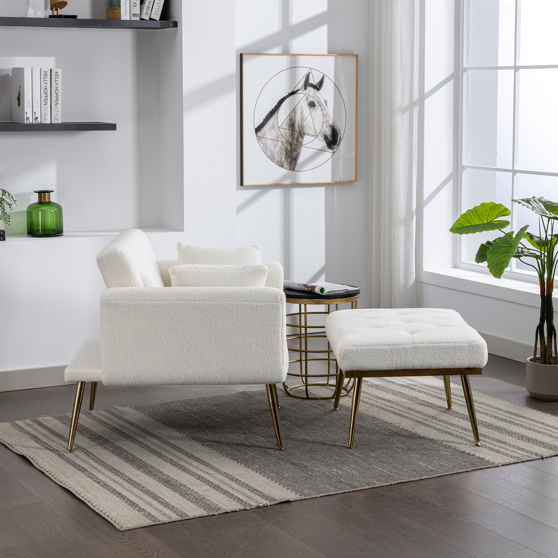 36.61'' Wide Modern Accent Chair With 3 Positions Adjustable Backrest, Tufted Chaise Lounge Chair, Single Recliner Armchair With Ottoman And Gold Legs For Living Room, Bedroom Ivory Ivory Foam Sherpa