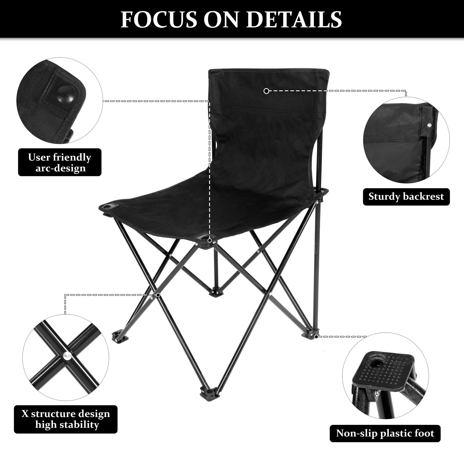 Yssoa Portable Folding Camping Chair With Carry Bag For Adults, Collapsible Anti Slip Padded Oxford Cloth Stool For Beach, Hiking, Fishing, Gardening, Picnic Color: Black, Size: Large Black Metal