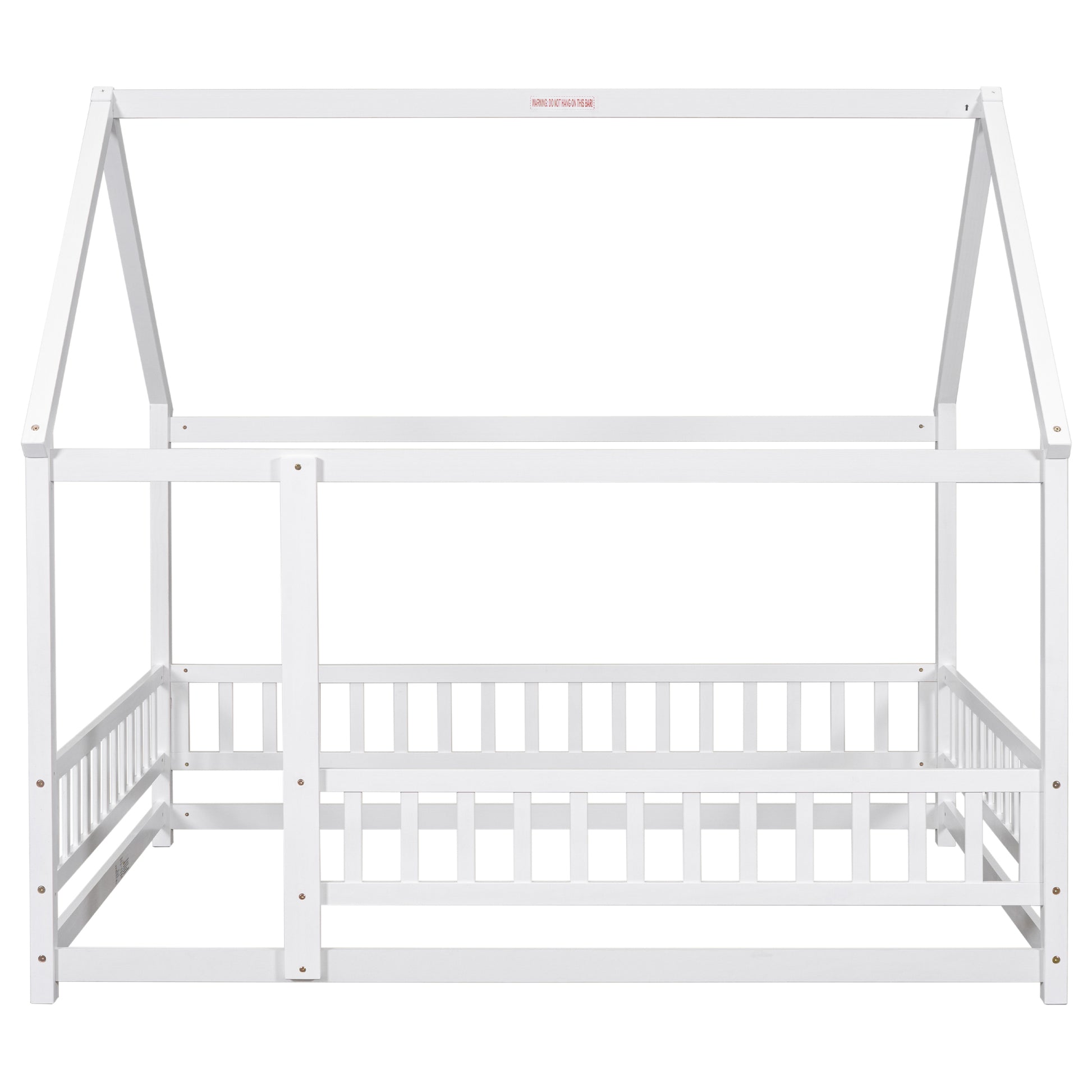 Full Size Floor Wooden Bed With House Roof Frame, Fence Guardrails ,White Full White Pine