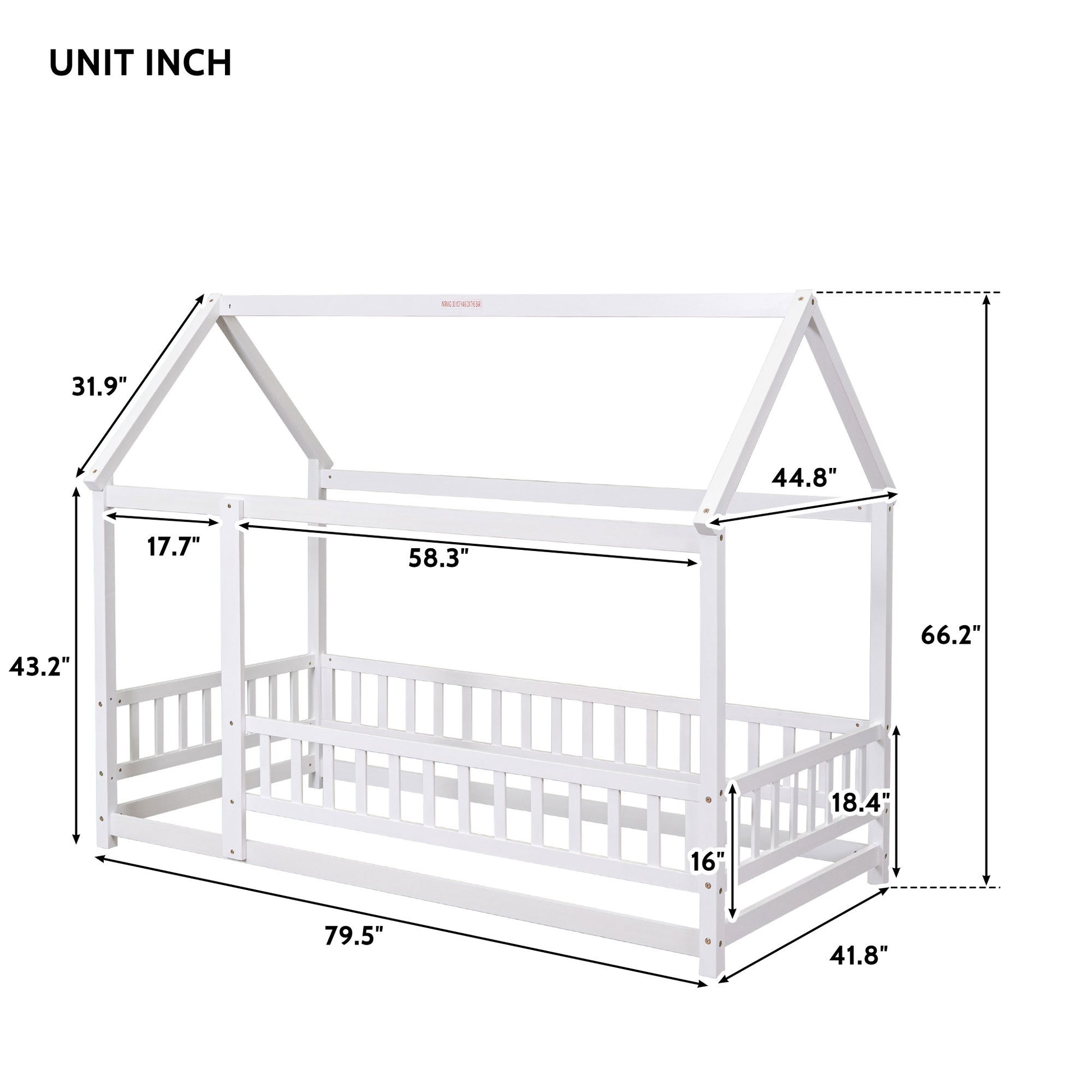 Twin Size Floor Wooden Bed With House Roof Frame, Fence Guardrails,White Old Sku:W1791106615 Twin White Pine