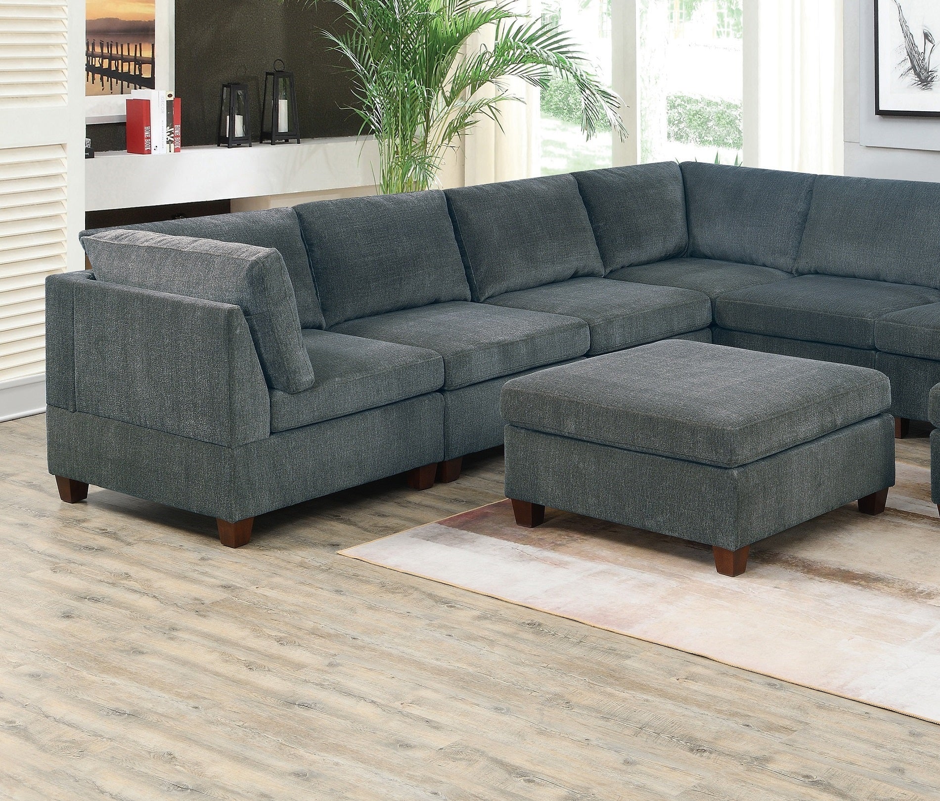 1Pc Ottoman Only Grey Chenille Fabric Cocktail Ottoman Cushion Seat Living Room Furniture Grey Chenille Primary Living Space Contemporary,Modern Rectangle Chenille