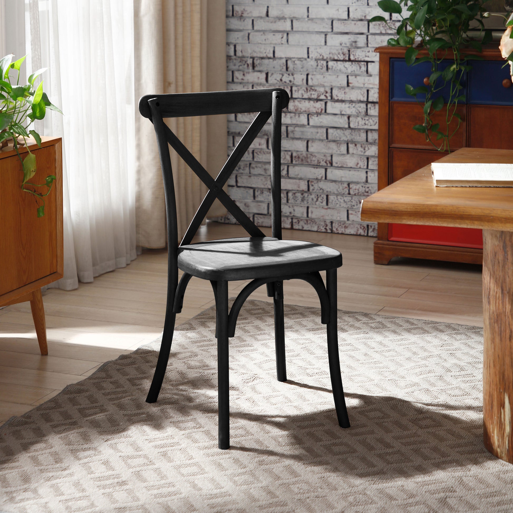 2 Pack Resin Cross Back Chair Waterproof Dining Chair Black Matt Black Resin