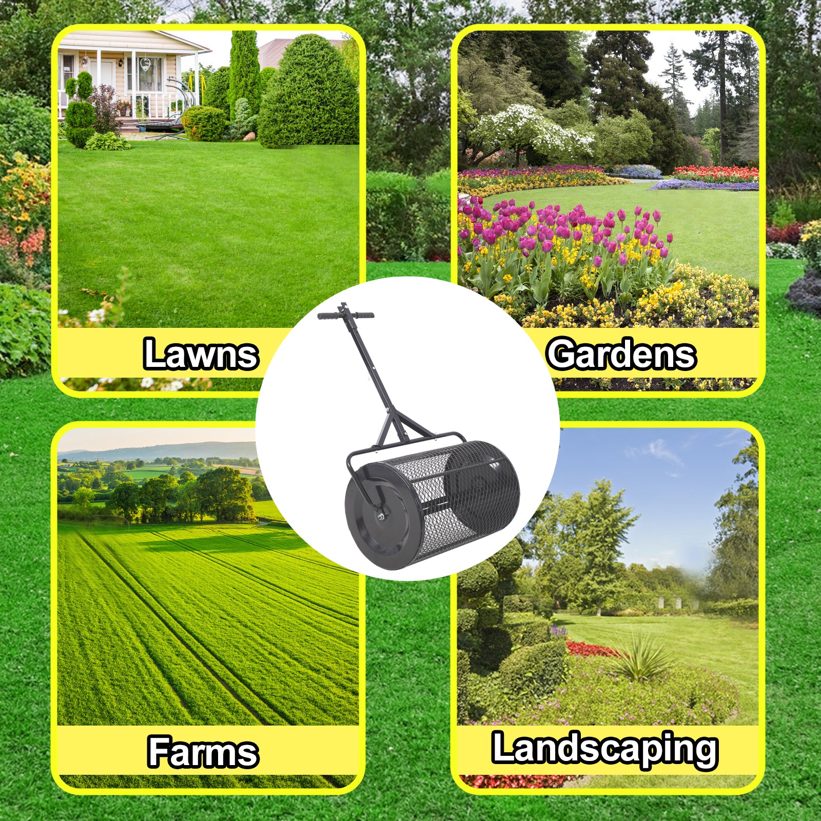 Peat Moss Spreader 36Inch,Compost Spreader Metal Mesh,2 In 1 Atv And T Shaped Handle For Planting Seeding,Lawn And Garden Care Manure Spreaders Roller Black Steel