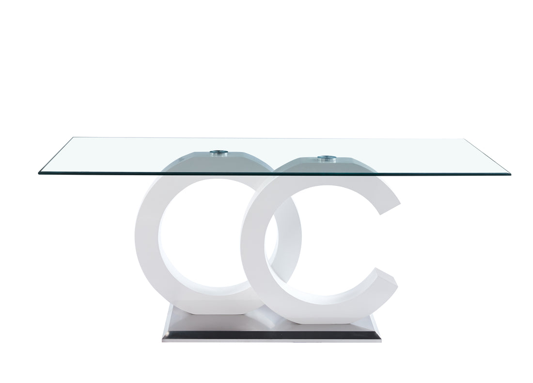 Tempered Glass Dining Table With White Mdf Middle Support And Stainless Steel Base For Modern Design White Tempered Glass