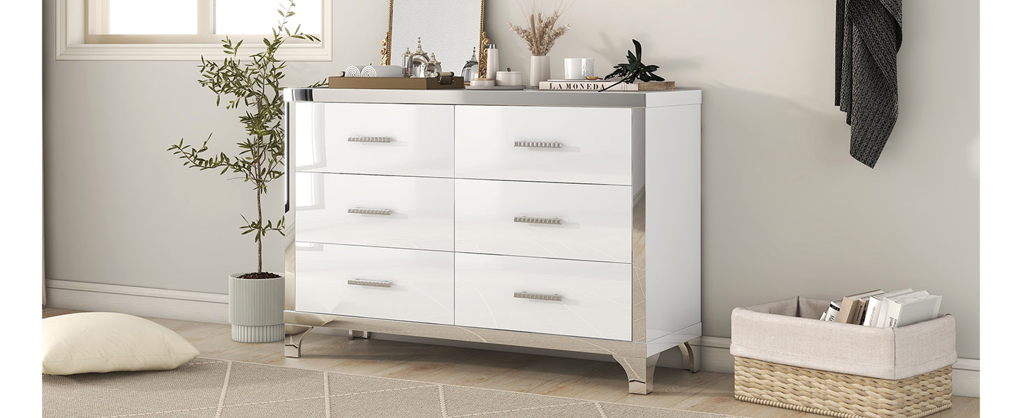 Elegant High Gloss Dresser With Metal Handle,Mirrored Storage Cabinet With 6 Drawers For Bedroom,Living Room,White White Mdf