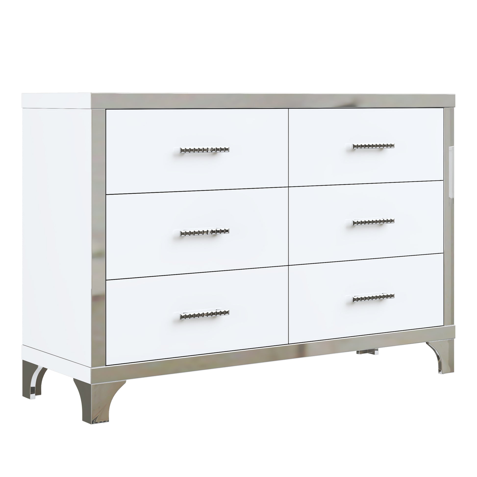 Elegant High Gloss Dresser With Metal Handle,Mirrored Storage Cabinet With 6 Drawers For Bedroom,Living Room,White White Mdf