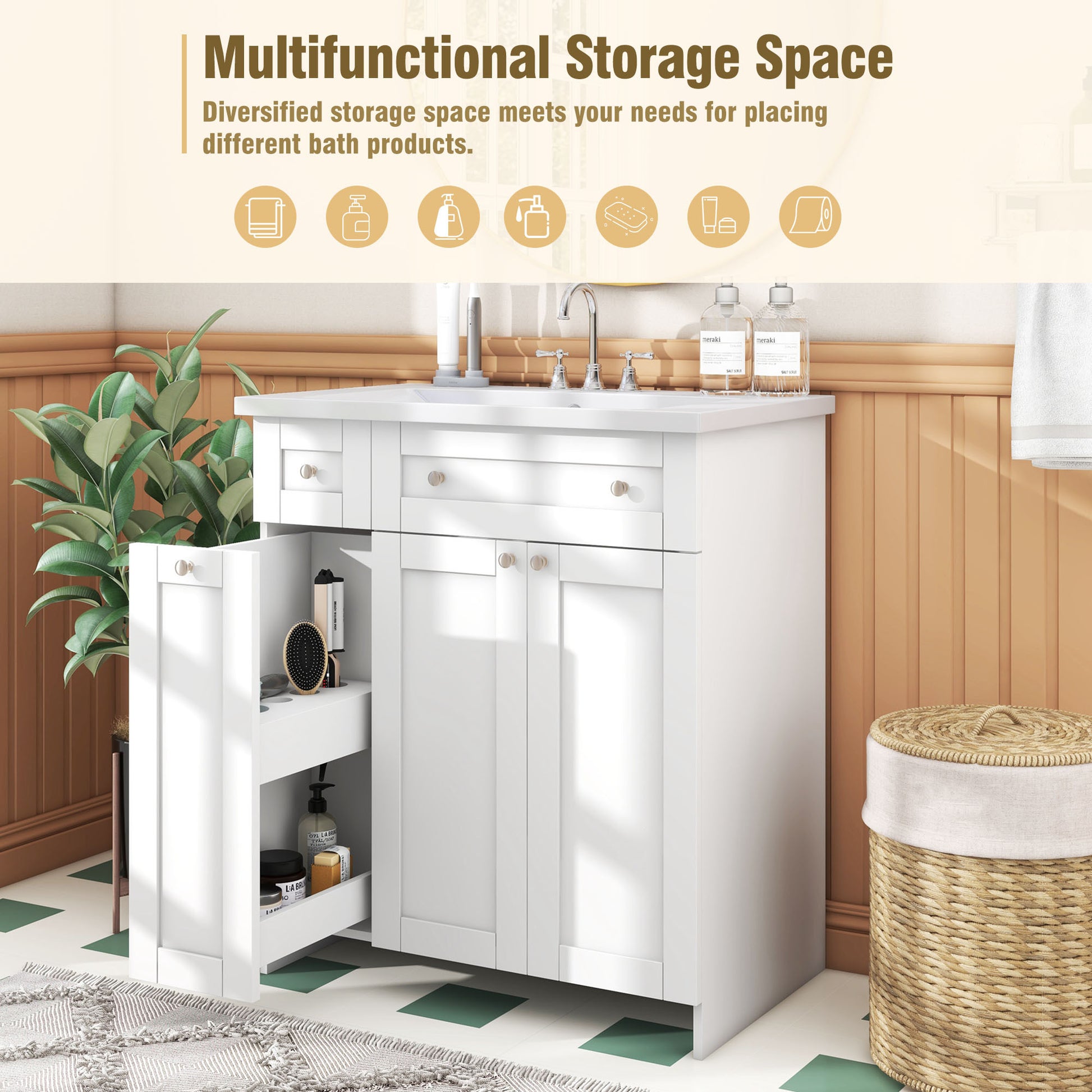 30" White Bathroom Vanity With Single Sink ,Combo Cabinet Undermount Sink,Bathroom Storage Cabinet Vanities White Mdf