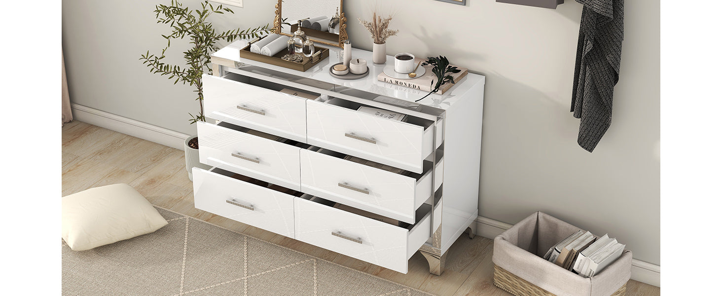 Elegant High Gloss Dresser With Metal Handle,Mirrored Storage Cabinet With 6 Drawers For Bedroom,Living Room,White White Mdf