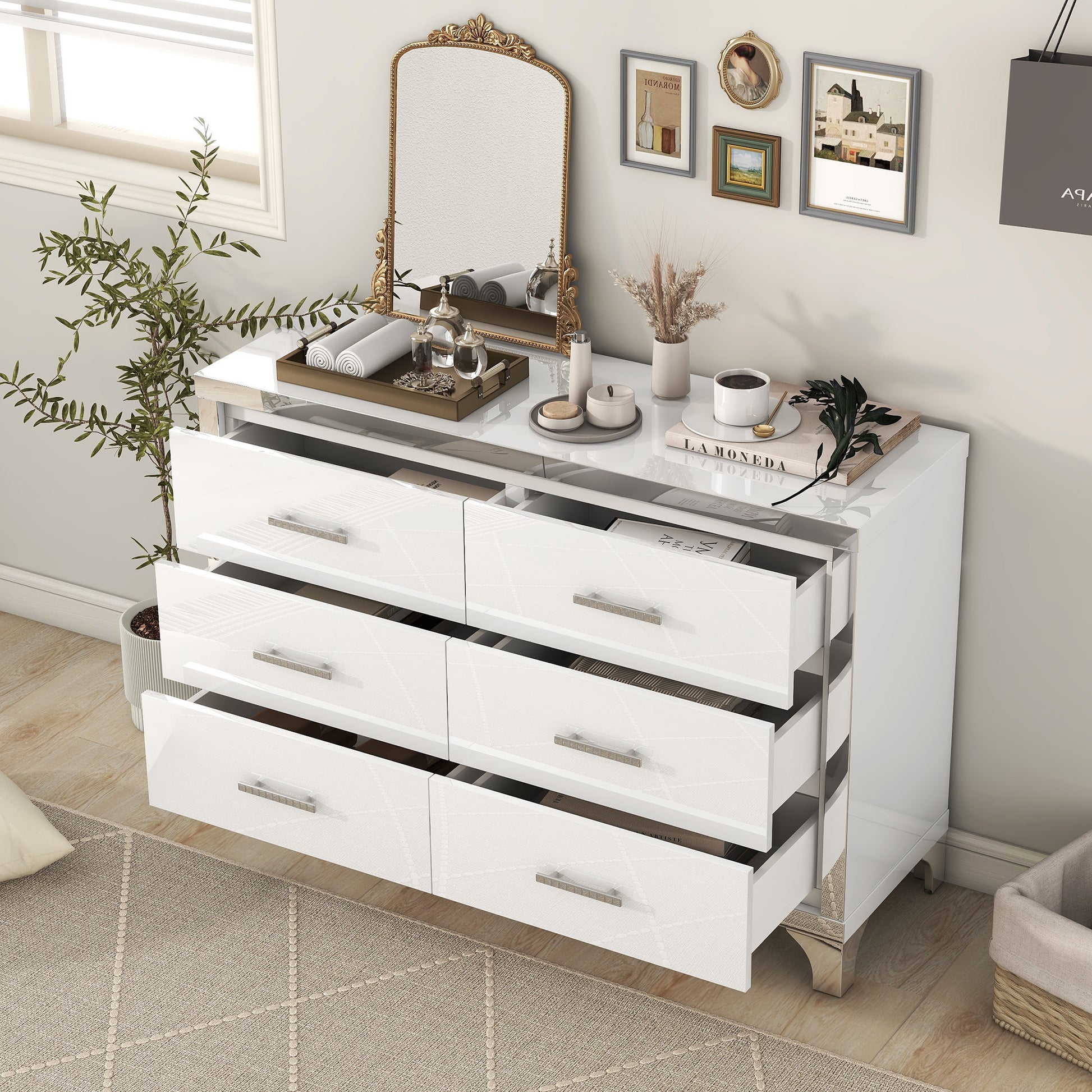 Elegant High Gloss Dresser With Metal Handle,Mirrored Storage Cabinet With 6 Drawers For Bedroom,Living Room,White White Mdf