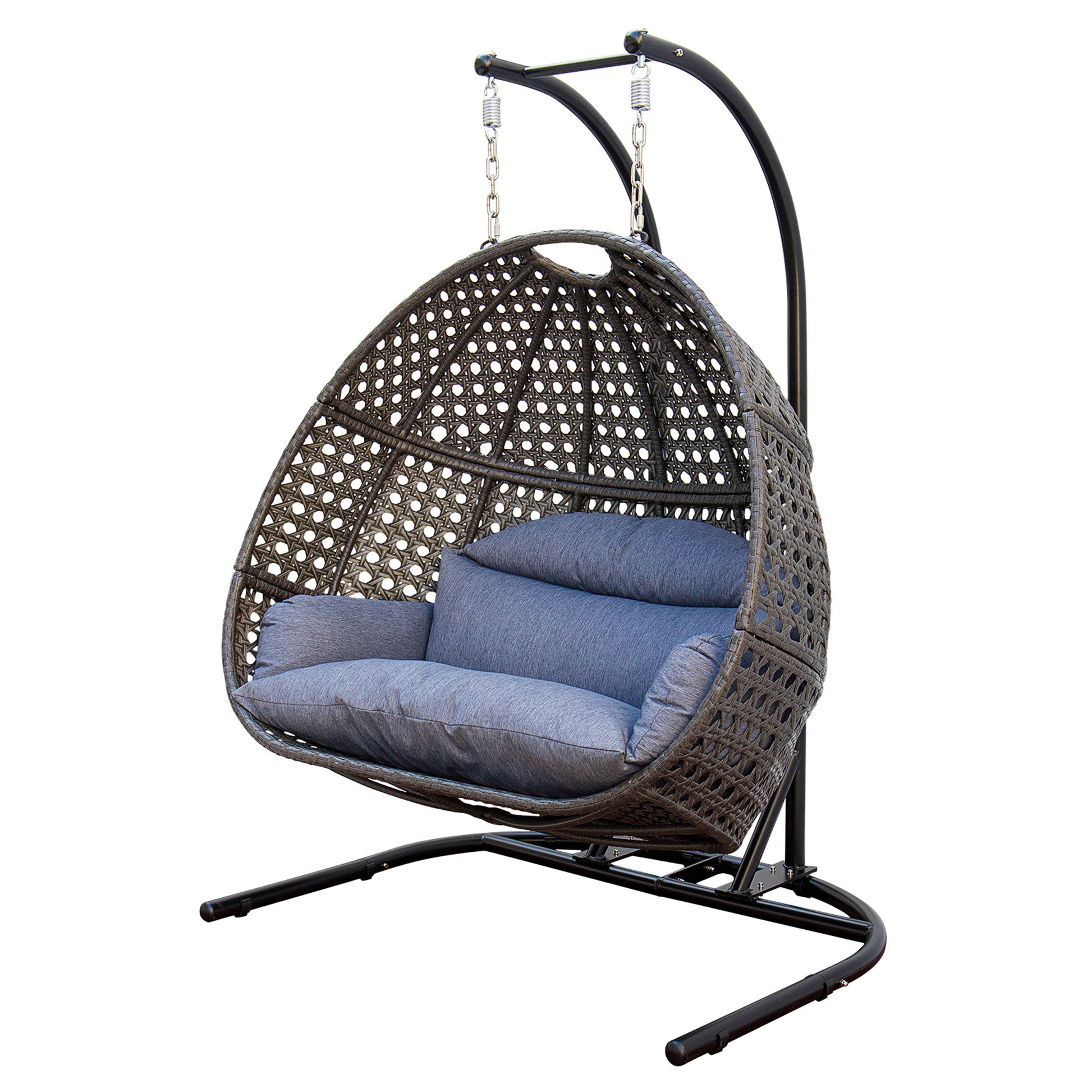 Double Seat Swing Chair With Stand And Cushion Black Blue Cotton Rattan