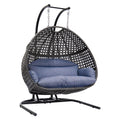 Double Seat Swing Chair With Stand And Cushion Black Blue Cotton Rattan