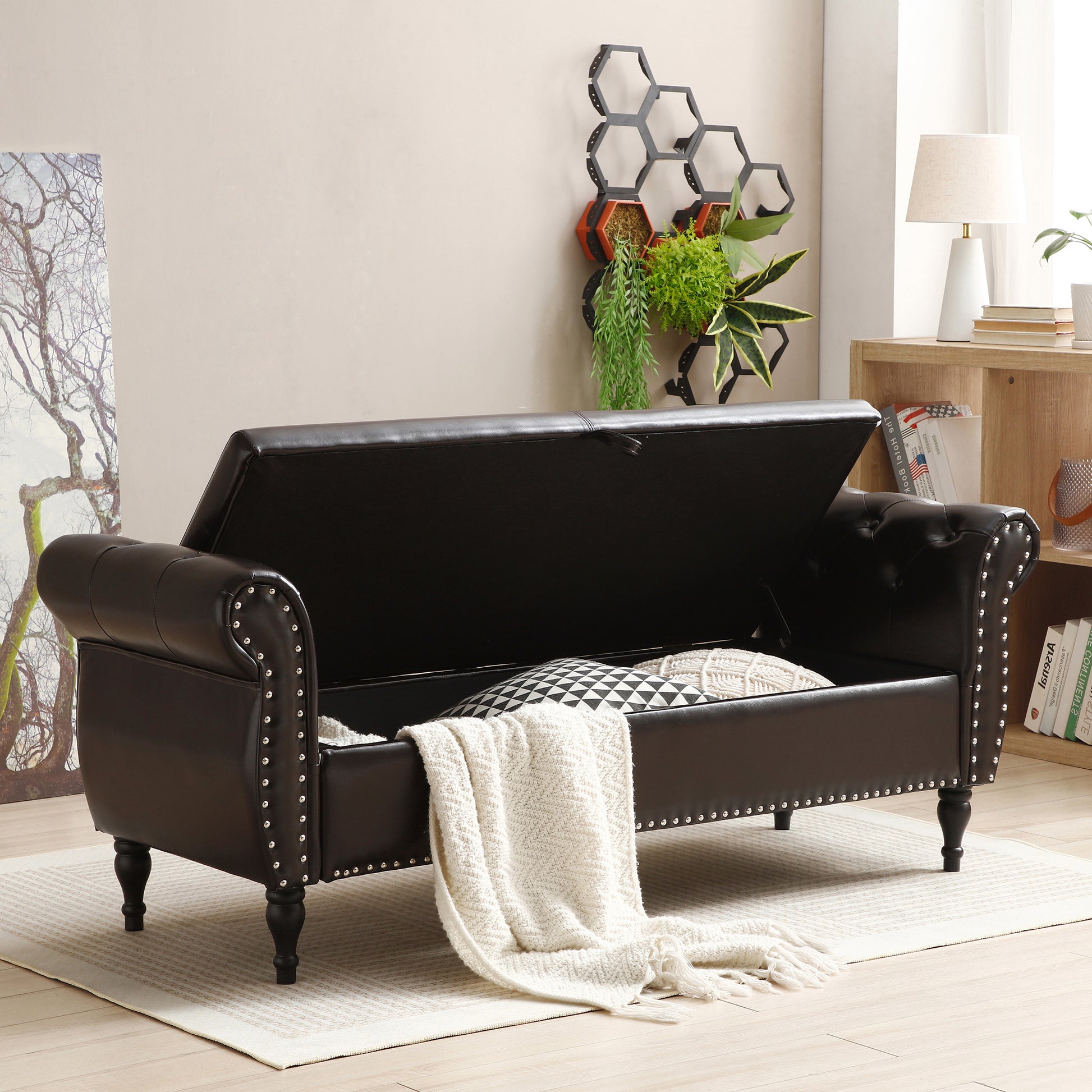 63" Pu Upholstered End Of Bed Bench Flip Top Entryway Ottoman With Safety Hinge Storage Rectangular Sofa Stool Buttons Tufted Trimmed Solid Wood Legs With 1 Pillow,Brown Dark Brown Pu