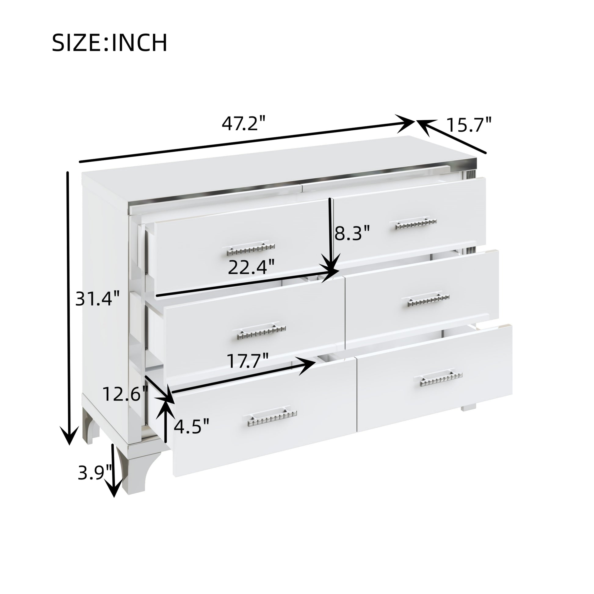 Elegant High Gloss Dresser With Metal Handle,Mirrored Storage Cabinet With 6 Drawers For Bedroom,Living Room,White White Mdf