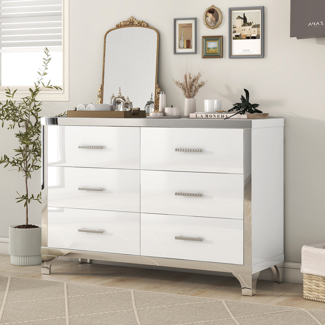 Elegant High Gloss Dresser With Metal Handle,Mirrored Storage Cabinet With 6 Drawers For Bedroom,Living Room,White White Mdf