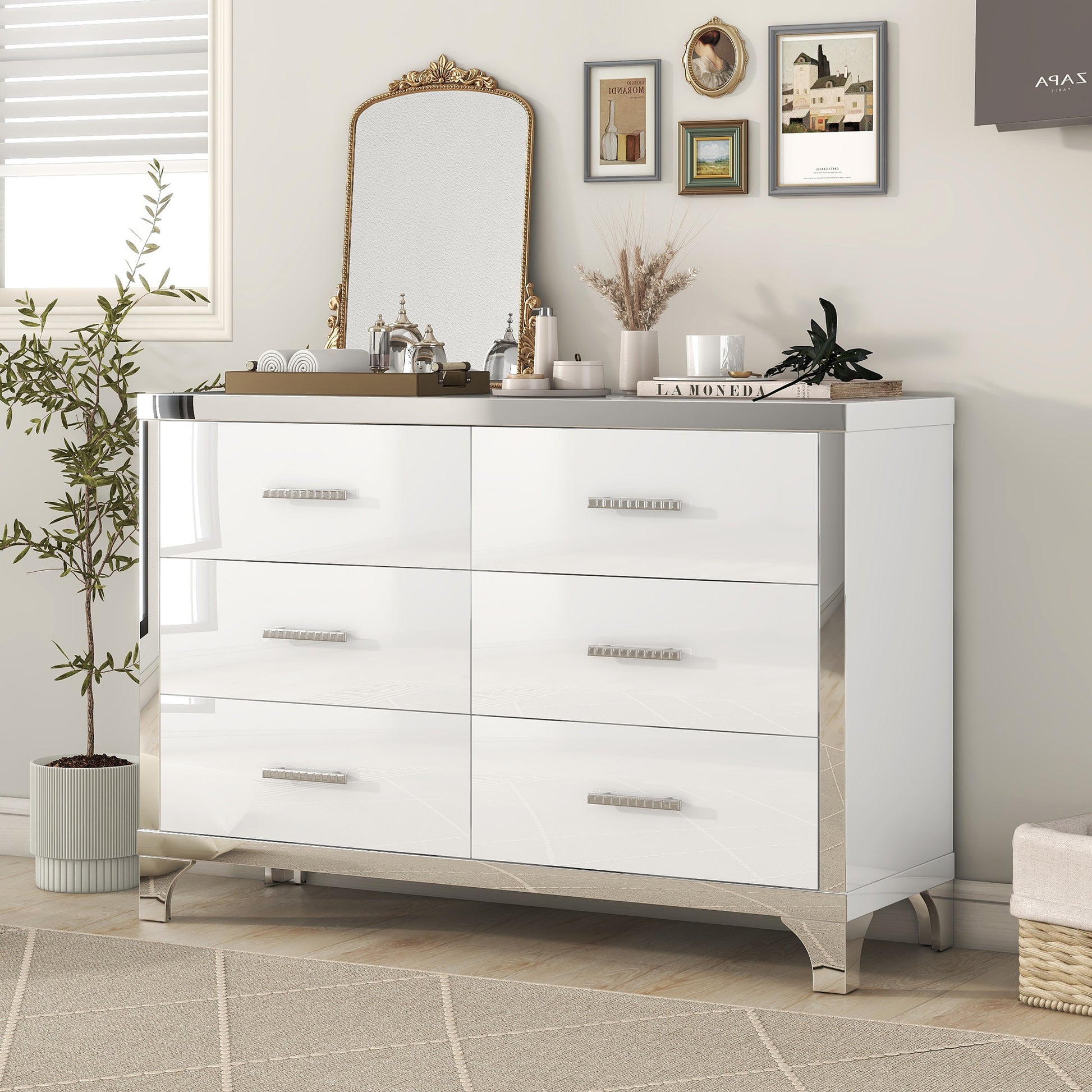 Elegant High Gloss Dresser With Metal Handle,Mirrored Storage Cabinet With 6 Drawers For Bedroom,Living Room,White White Mdf