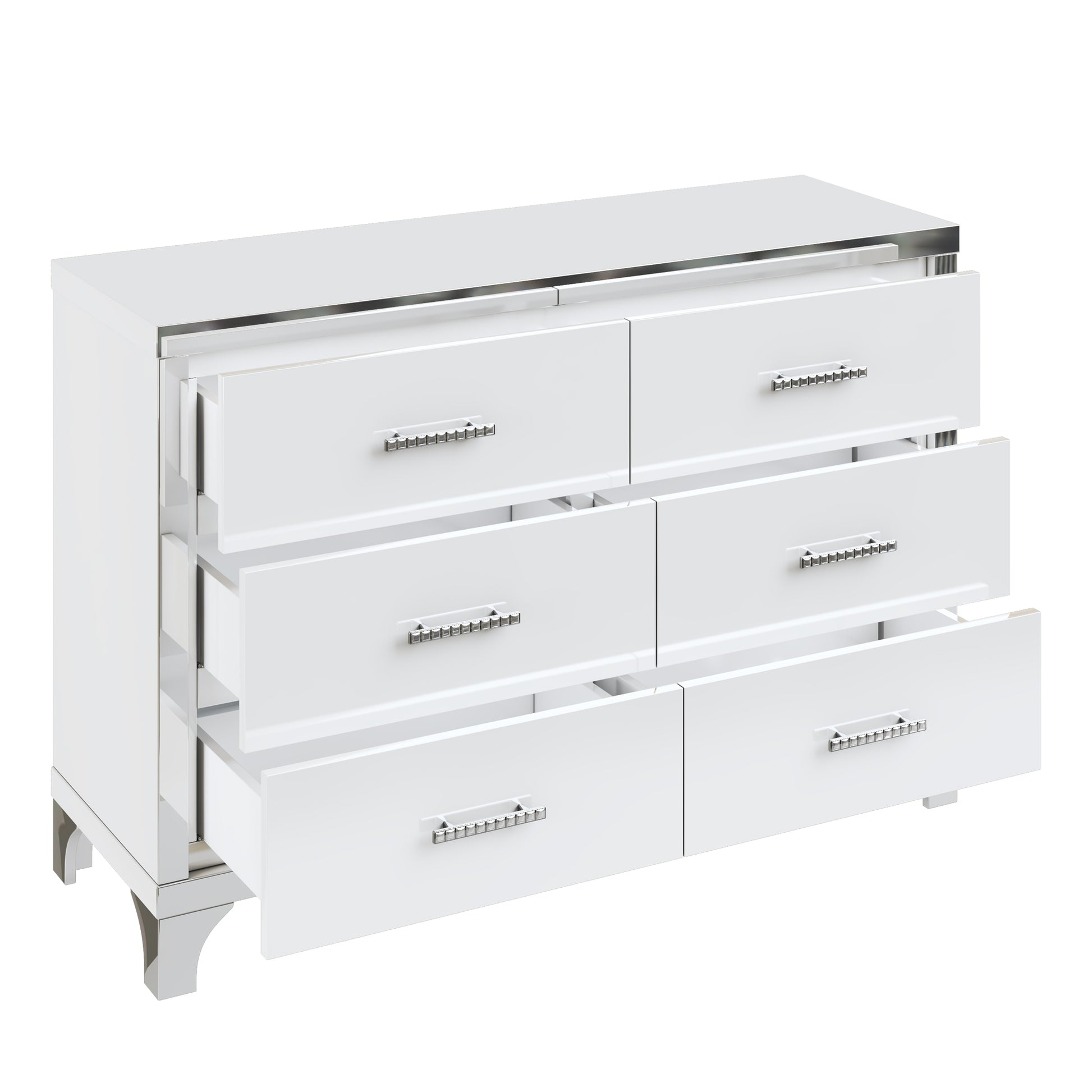 Elegant High Gloss Dresser With Metal Handle,Mirrored Storage Cabinet With 6 Drawers For Bedroom,Living Room,White White Mdf