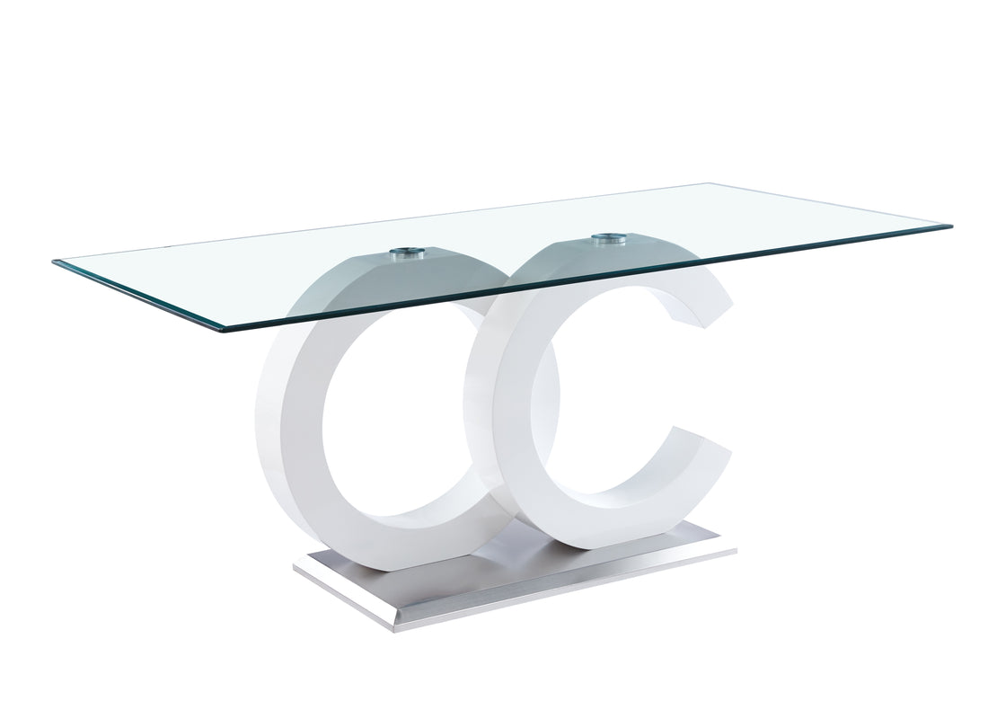 Tempered Glass Dining Table With White Mdf Middle Support And Stainless Steel Base For Modern Design White Tempered Glass