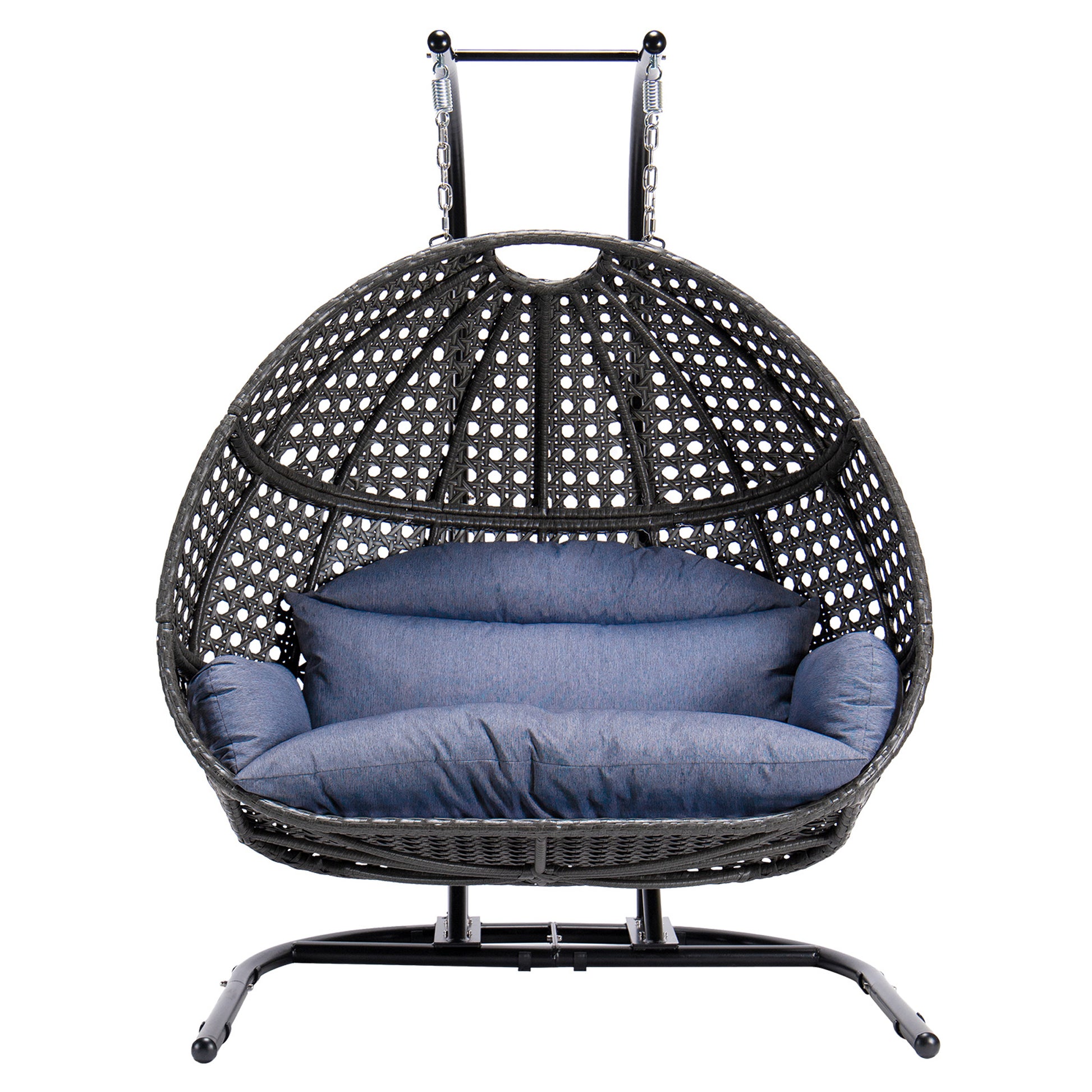 Double Seat Swing Chair With Stand And Cushion Black Blue Cotton Rattan