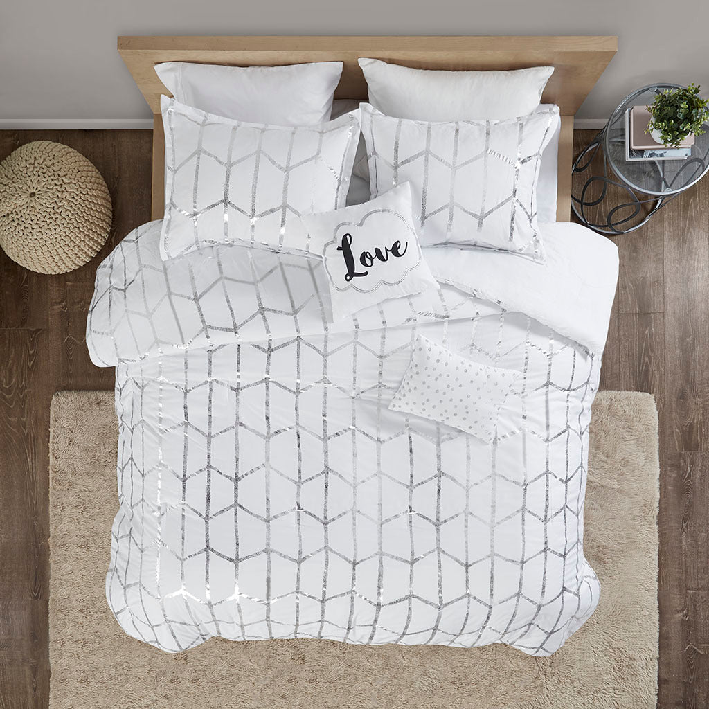 Metallic Printed Comforter Set King White Silver Polyester