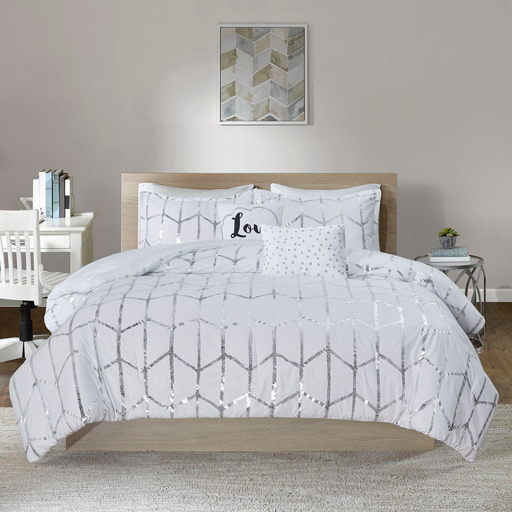 Metallic Printed Comforter Set King White Silver Polyester