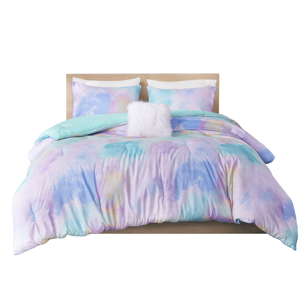 Watercolor Tie Dye Printed Comforter Set With Throw Pillow Queen Aqua Polyester