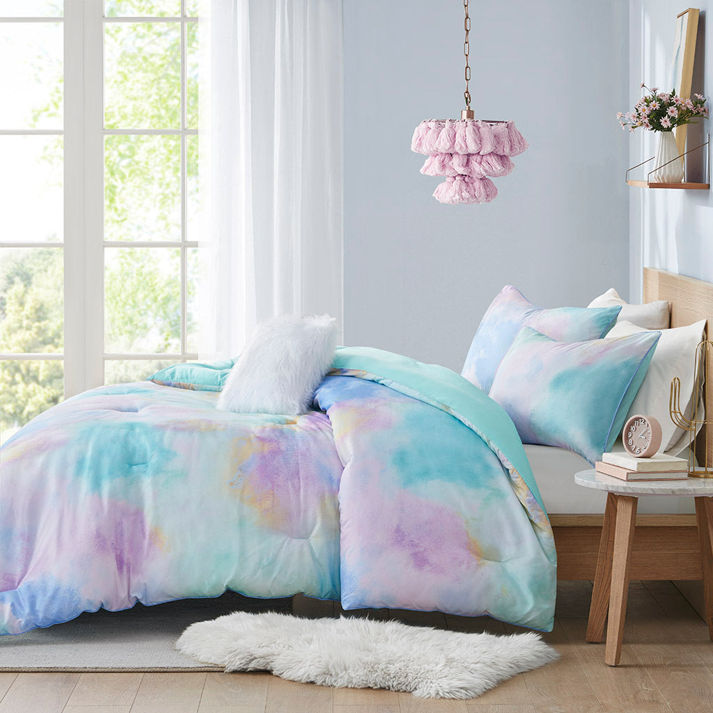 Watercolor Tie Dye Printed Comforter Set With Throw Pillow Twin Aqua Polyester