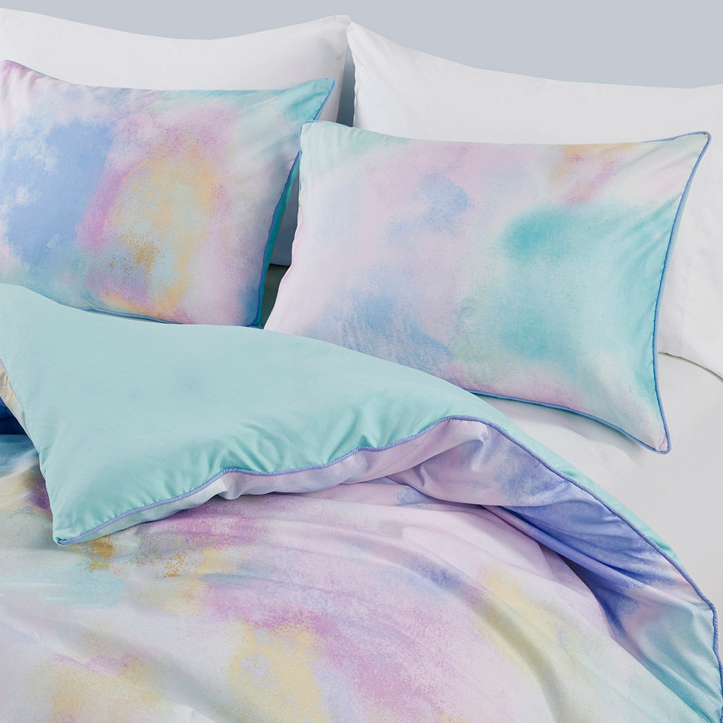 Watercolor Tie Dye Printed Comforter Set With Throw Pillow Queen Aqua Polyester