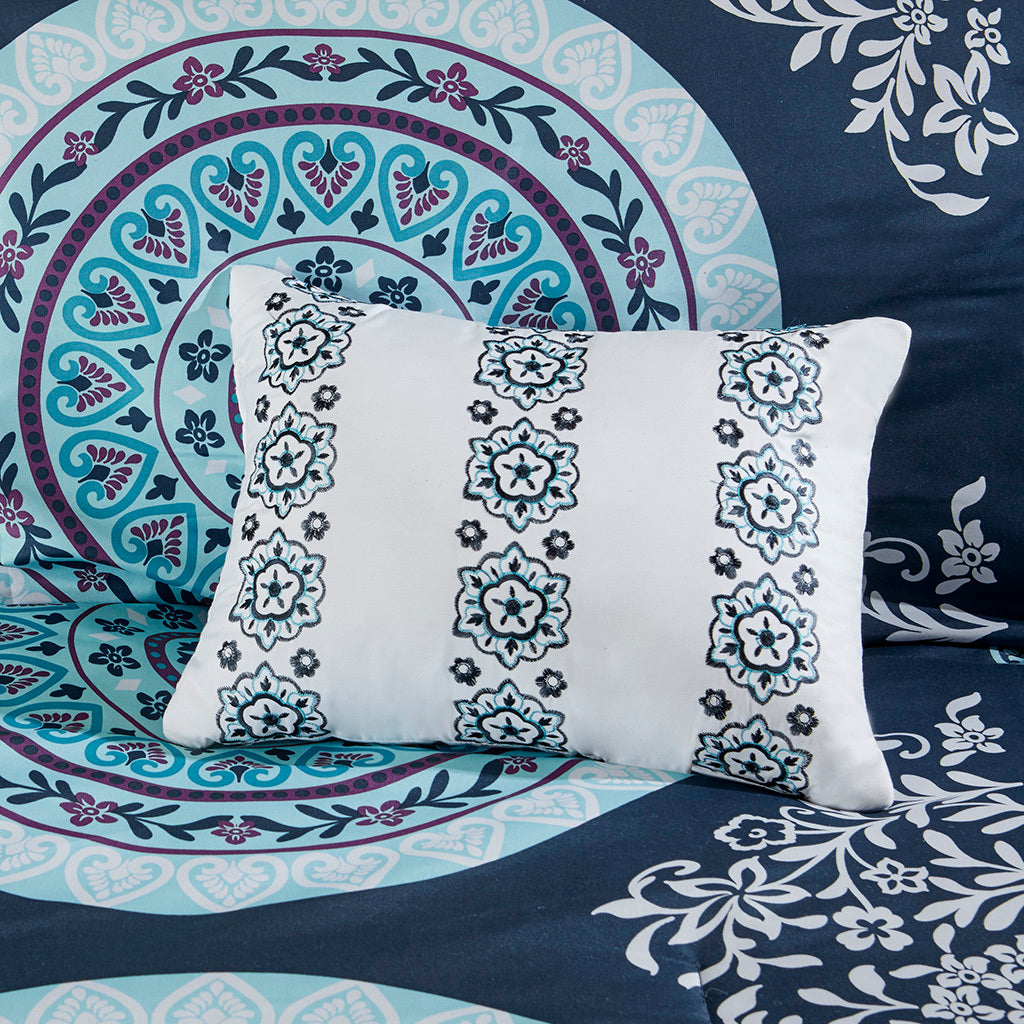 Boho Comforter Set With Bed Sheets Queen Navy Polyester