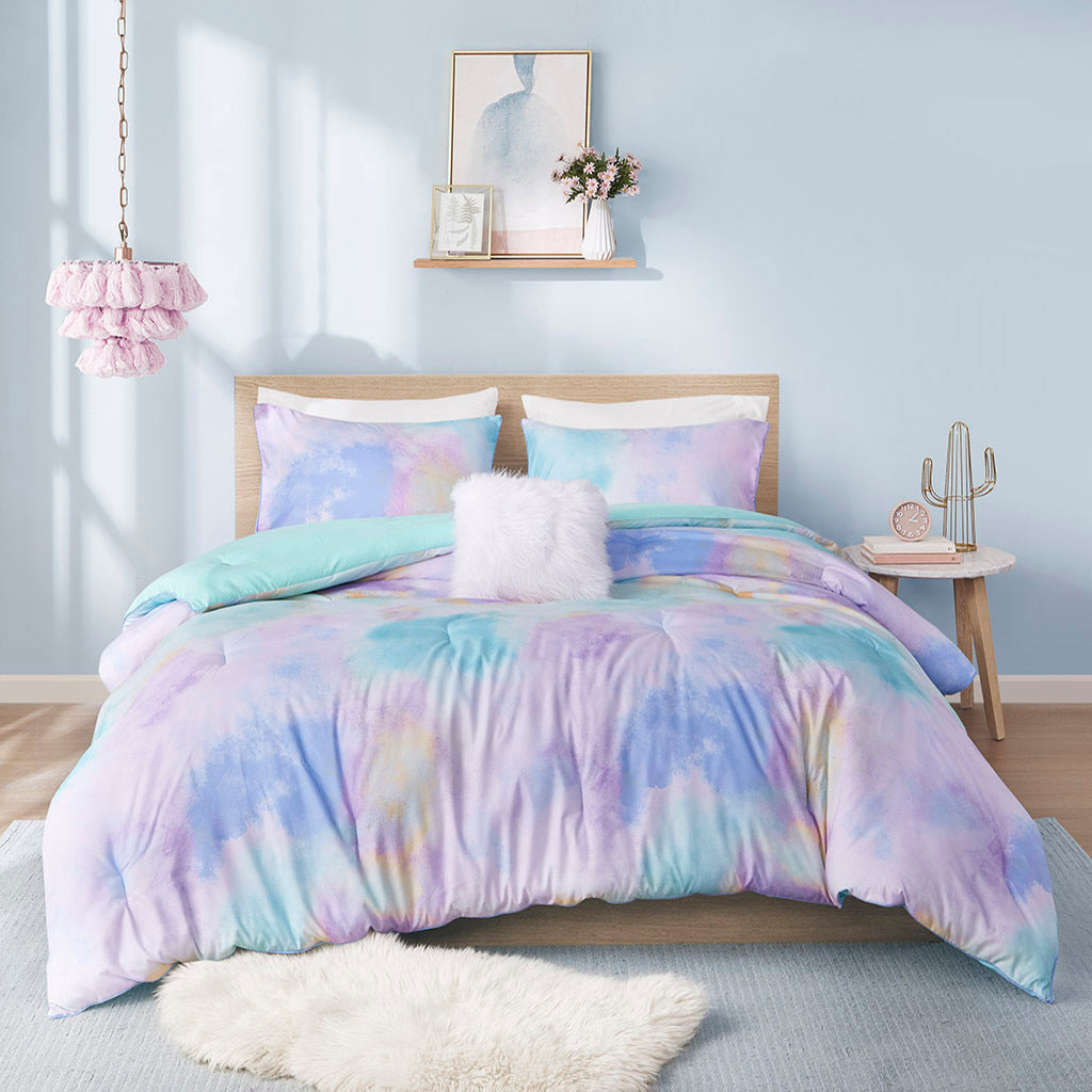 Watercolor Tie Dye Printed Comforter Set With Throw Pillow Twin Aqua Polyester