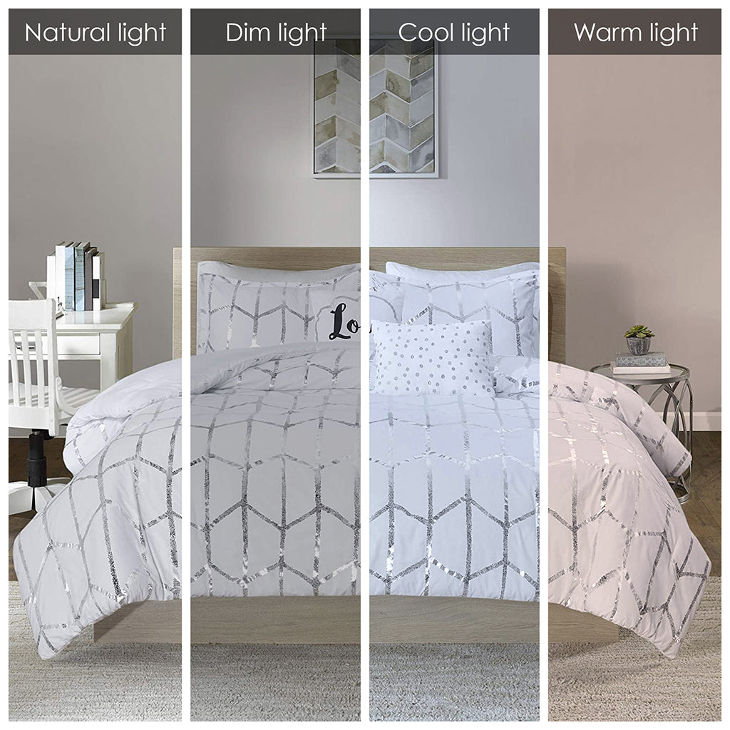 Metallic Printed Comforter Set King White Silver Polyester