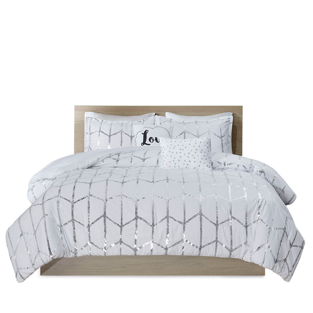 Metallic Printed Comforter Set King White Silver Polyester