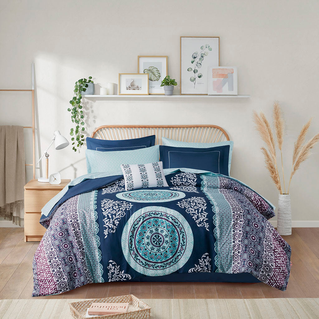 Boho Comforter Set With Bed Sheets Queen Navy Polyester