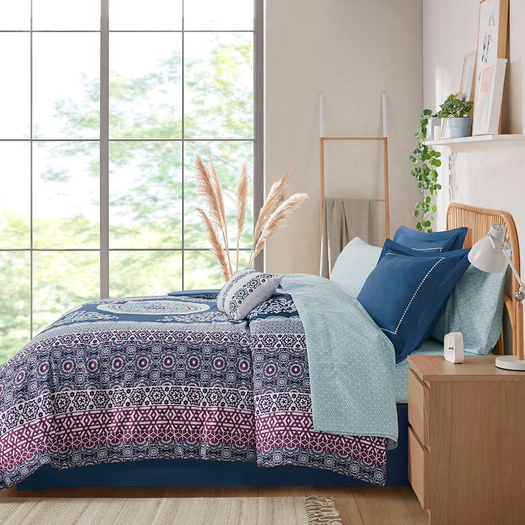 Boho Comforter Set With Bed Sheets Queen Navy Polyester