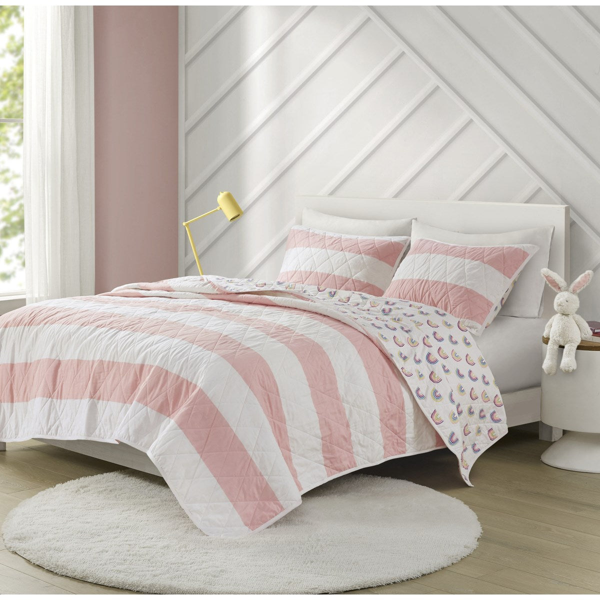 Cotton Cabana Stripe Reversible Quilt Set With Rainbow Reverse Full Pink Cotton