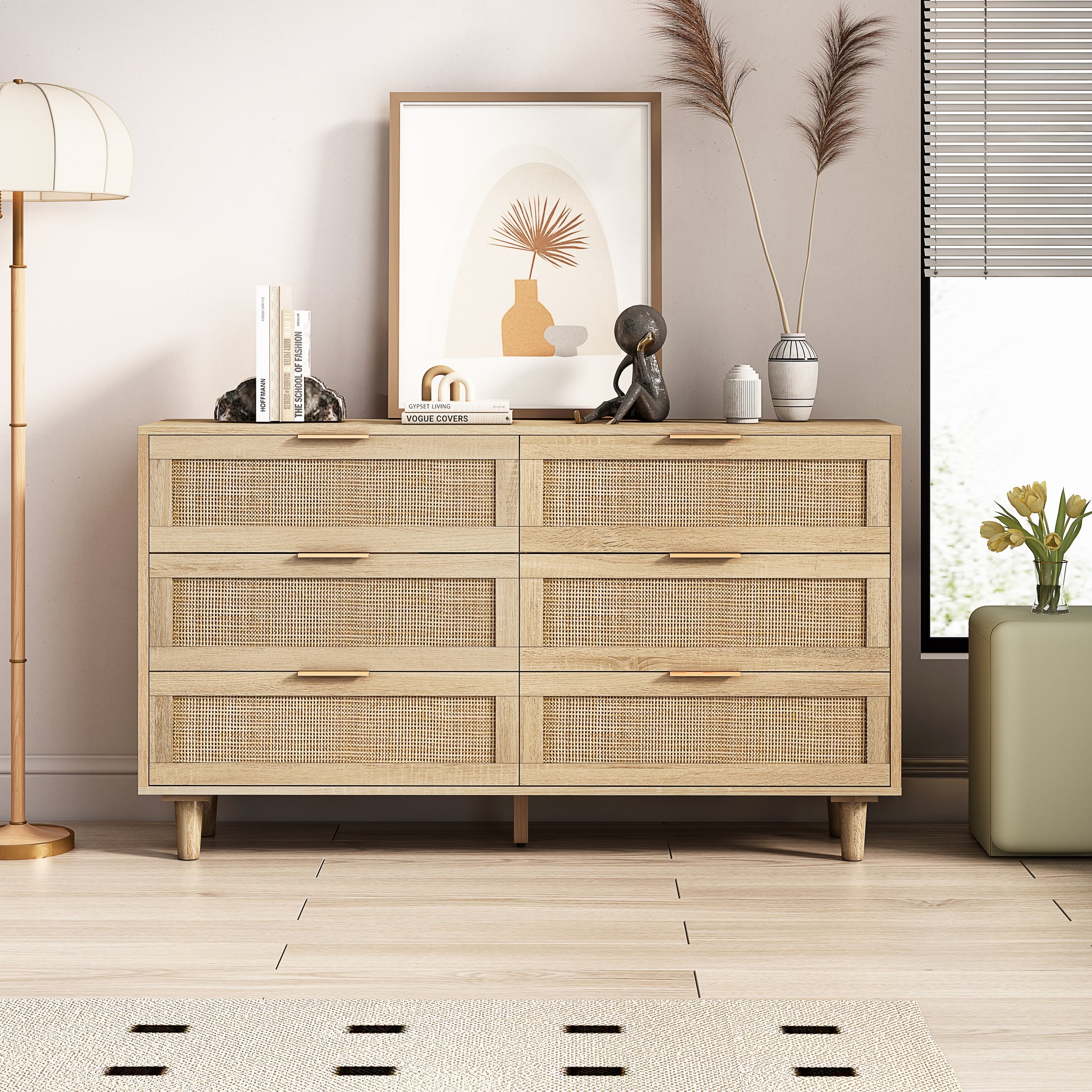 51.18"6 Drawers Rattan Storage Cabinet Rattan Drawer,For Bedroom,Living Room,Natural Same Sku:W757P198980 Natural Particle Board