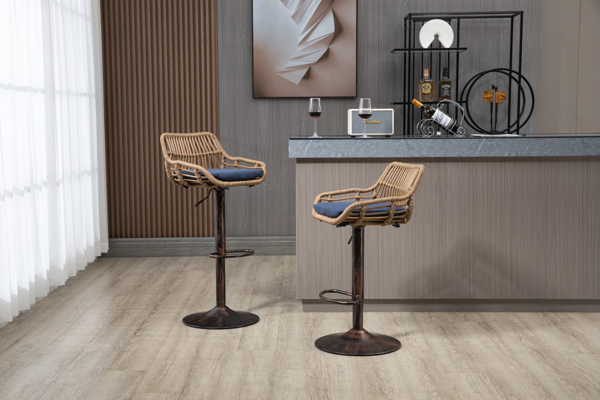 Coolmore Swivel Bar Stools Set Of 2 Adjustable Counter Height Chairs With Footrest For Kitchen, Dining Room 2Pc Set Blue Polyester