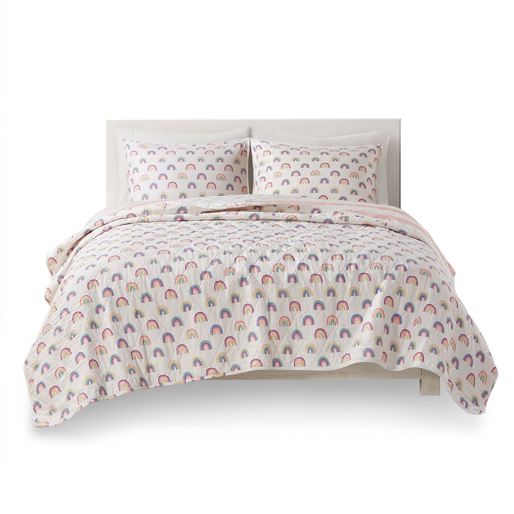 Cotton Cabana Stripe Reversible Quilt Set With Rainbow Reverse Full Pink Cotton