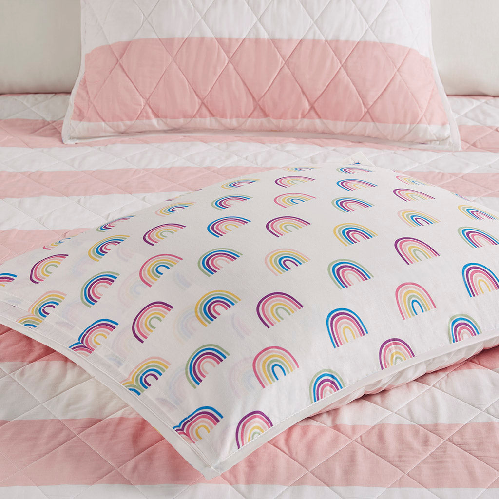 Cotton Cabana Stripe Reversible Quilt Set With Rainbow Reverse Twin Pink Cotton