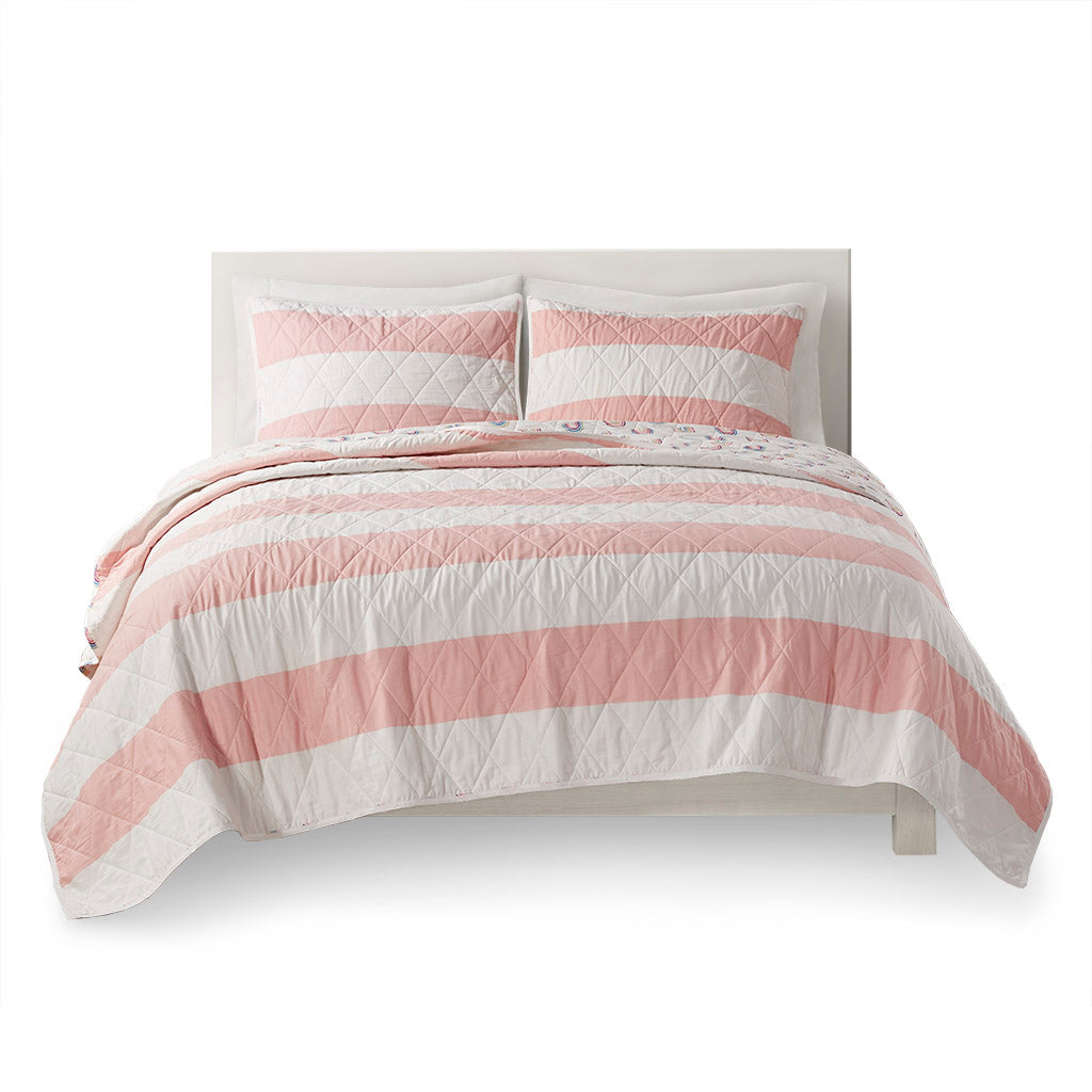 Cotton Cabana Stripe Reversible Quilt Set With Rainbow Reverse Twin Pink Cotton