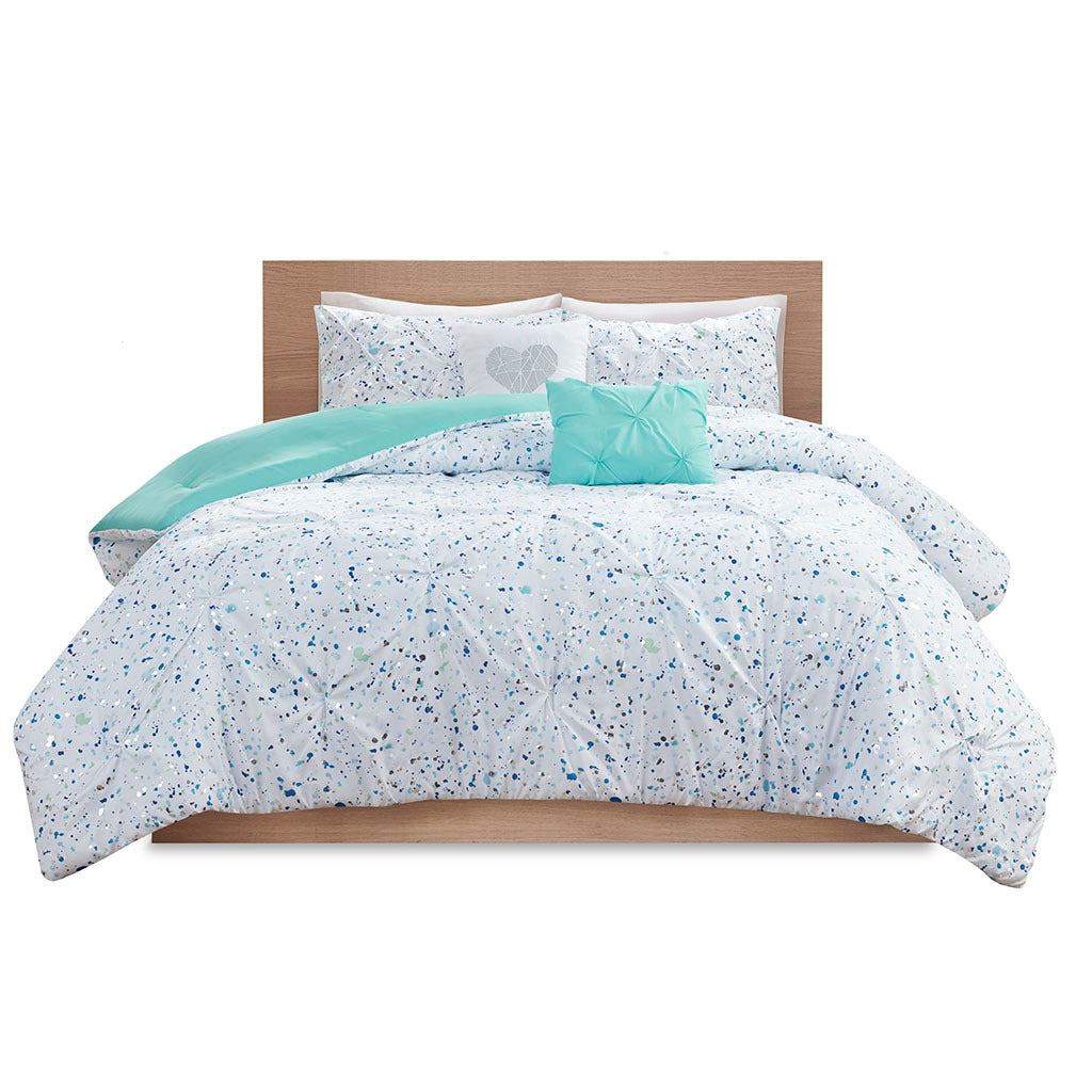 Metallic Printed And Pintucked Comforter Set Twin Aqua Blue Polyester