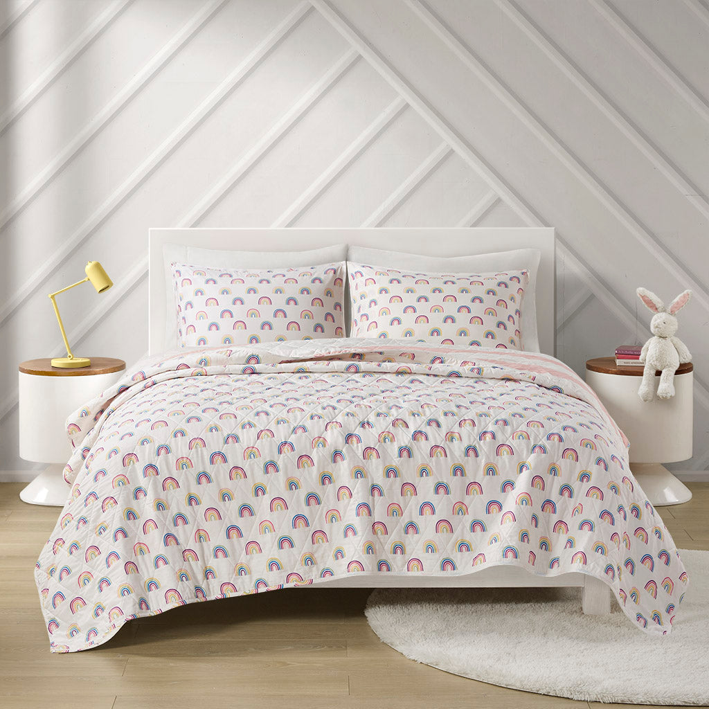 Cotton Cabana Stripe Reversible Quilt Set With Rainbow Reverse Twin Pink Cotton