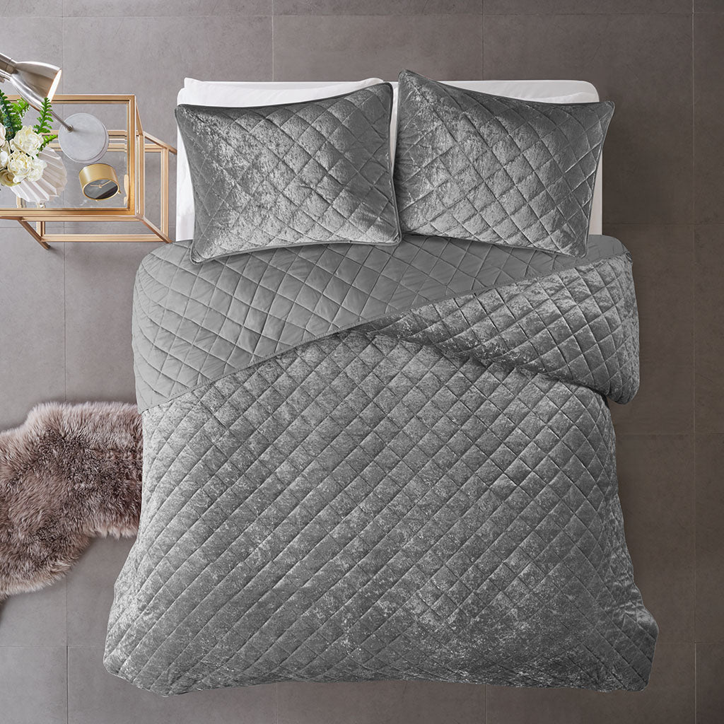 Velvet Quilt Set Full Grey Polyester