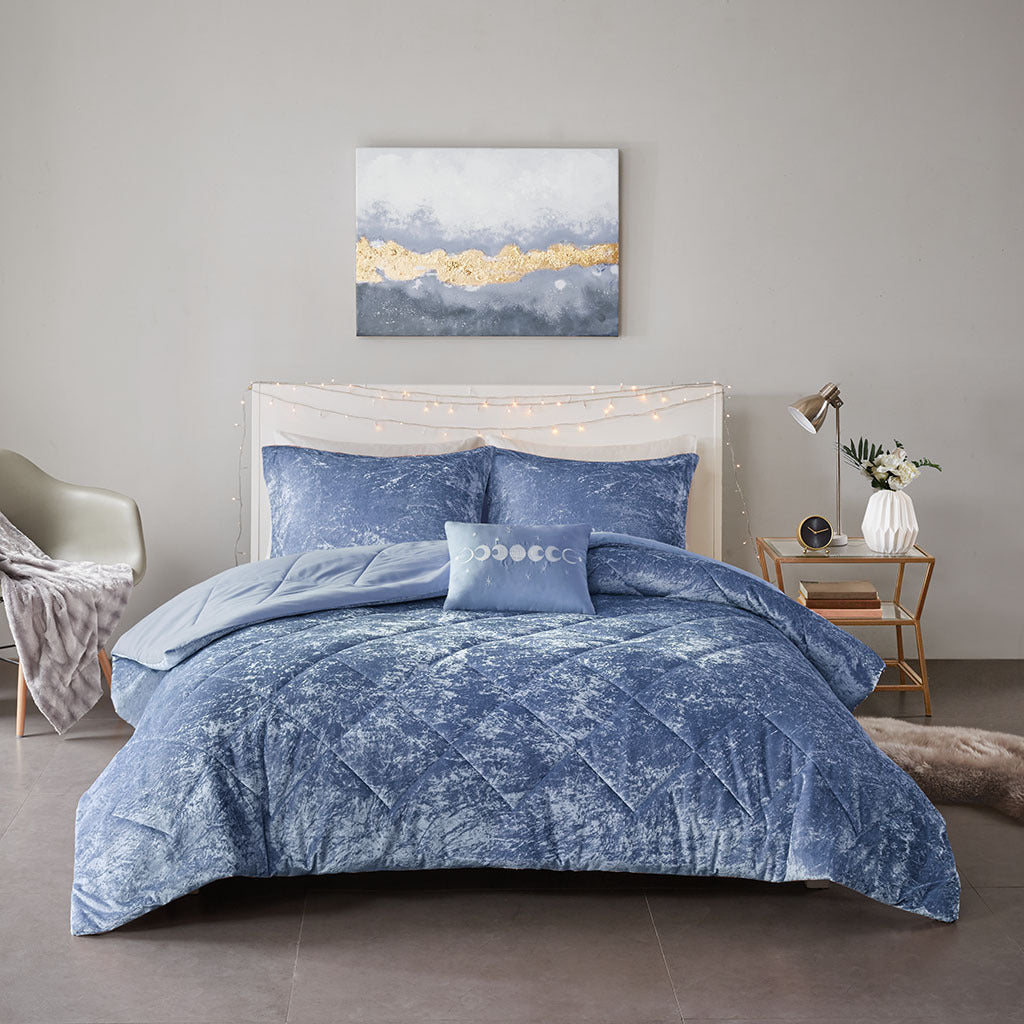 Velvet Comforter Set King Blue Polyester