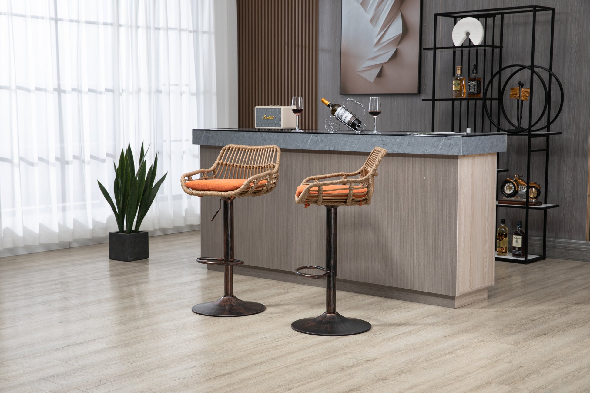 Coolmore Swivel Bar Stools Set Of 2 Adjustable Counter Height Chairs With Footrest For Kitchen, Dining Room 2Pc Set Orange Polyester