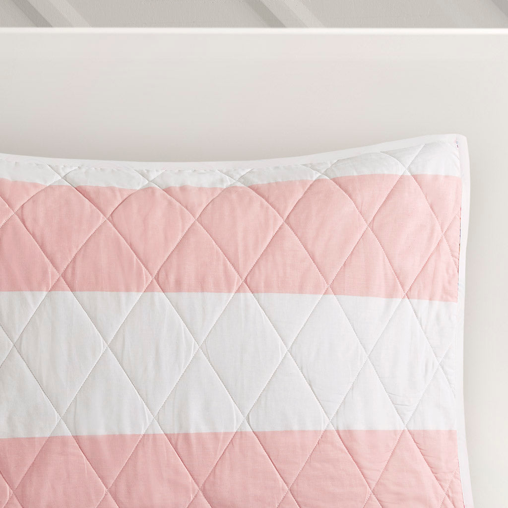 Cotton Cabana Stripe Reversible Quilt Set With Rainbow Reverse Twin Pink Cotton