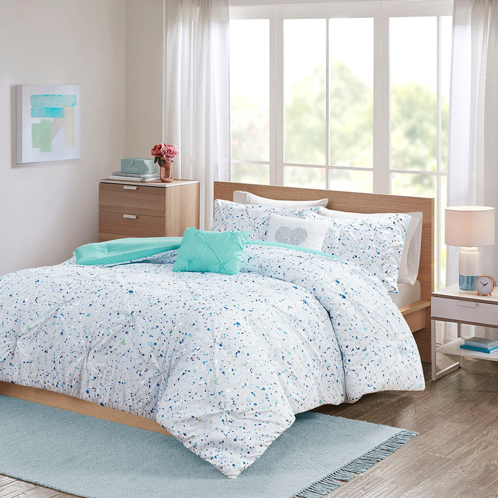Metallic Printed And Pintucked Comforter Set Twin Aqua Blue Polyester